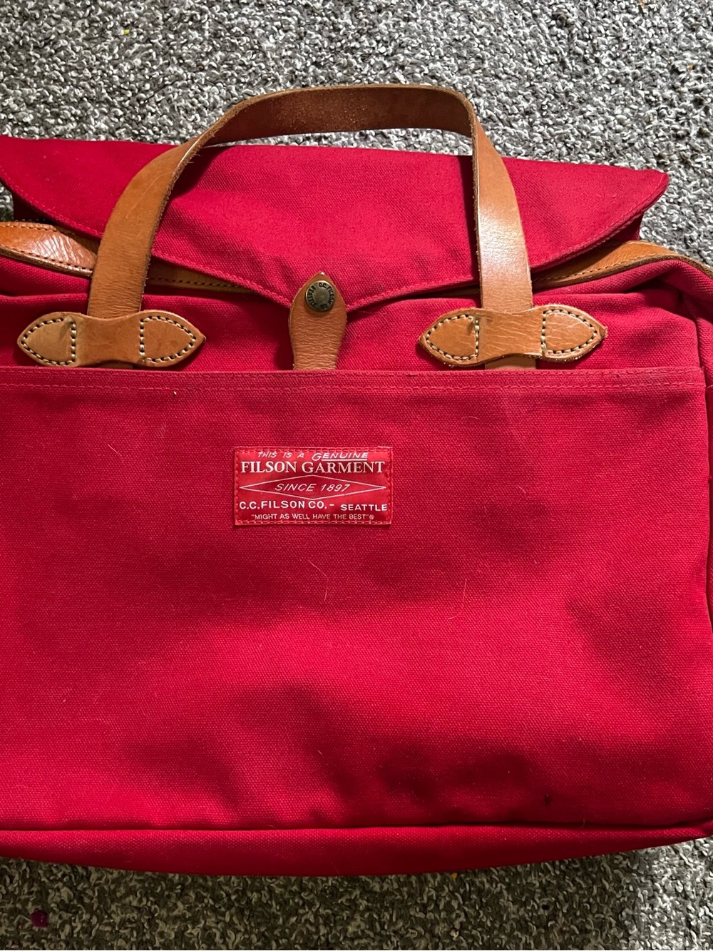 Filson Red Canvas Briefcase with Tan Leather Trim